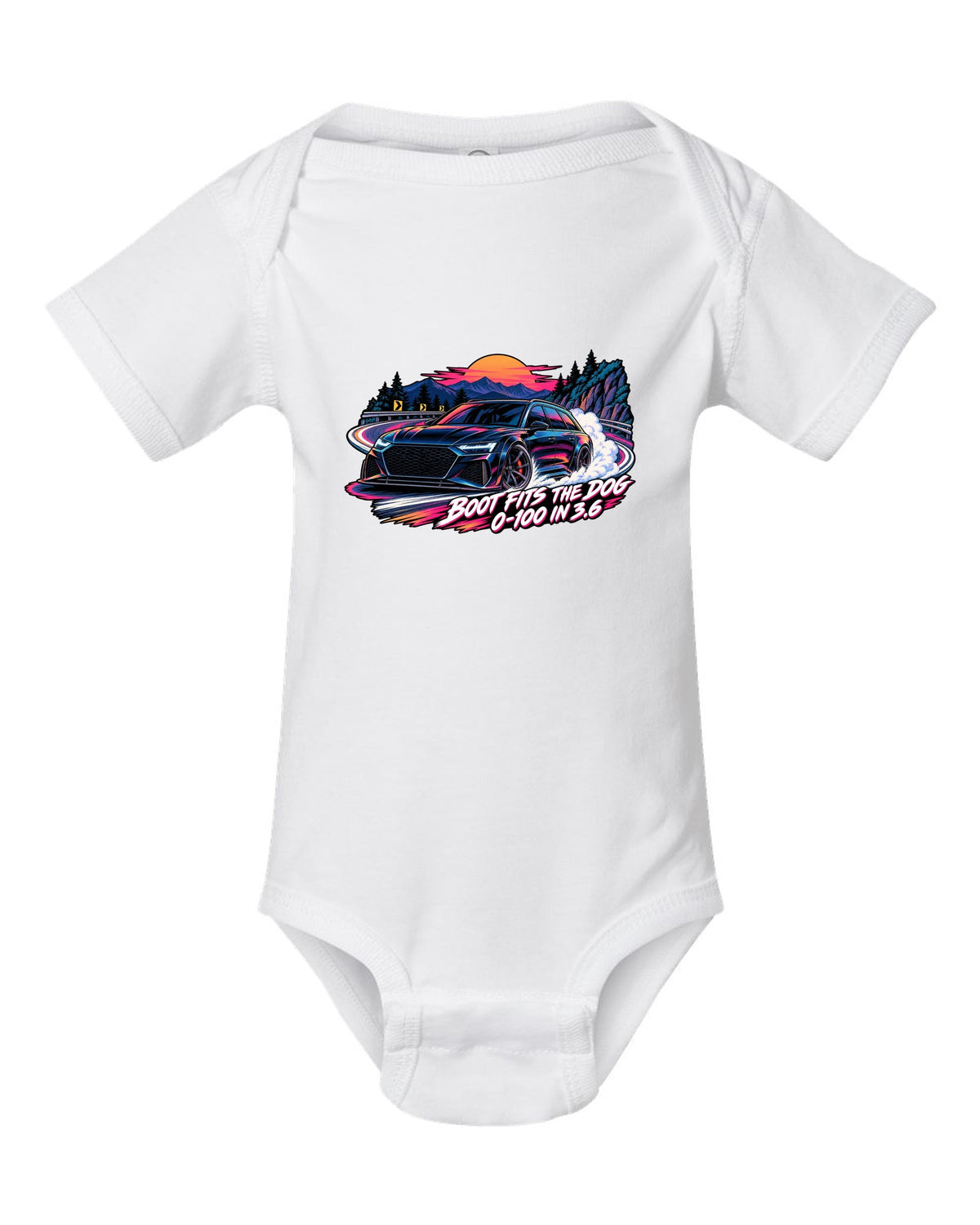 Cel-shaded anime night touge design of the Audi RS6 Avant C8 with boot fits the dog lettering white baby onesie front view with the design