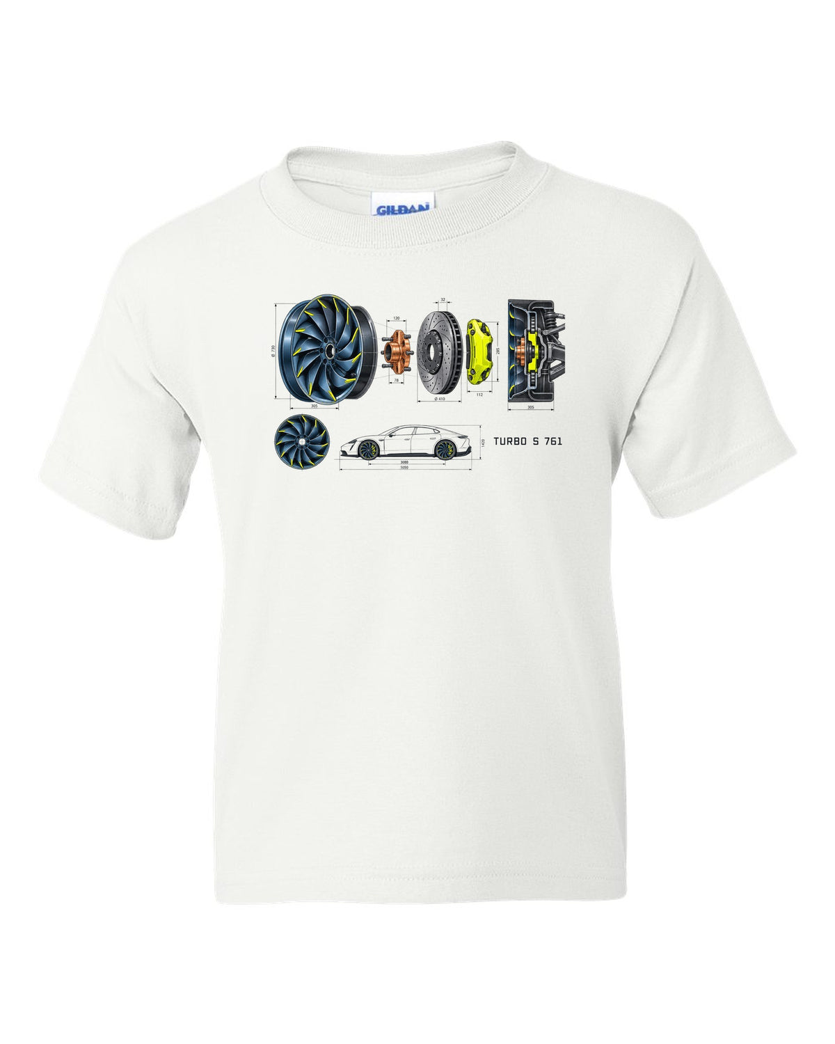 Porsche Taycan Turbo S 9J1 turbine wheel engineering schematic print with the text Turbo S 761 white kids tee front view with the design