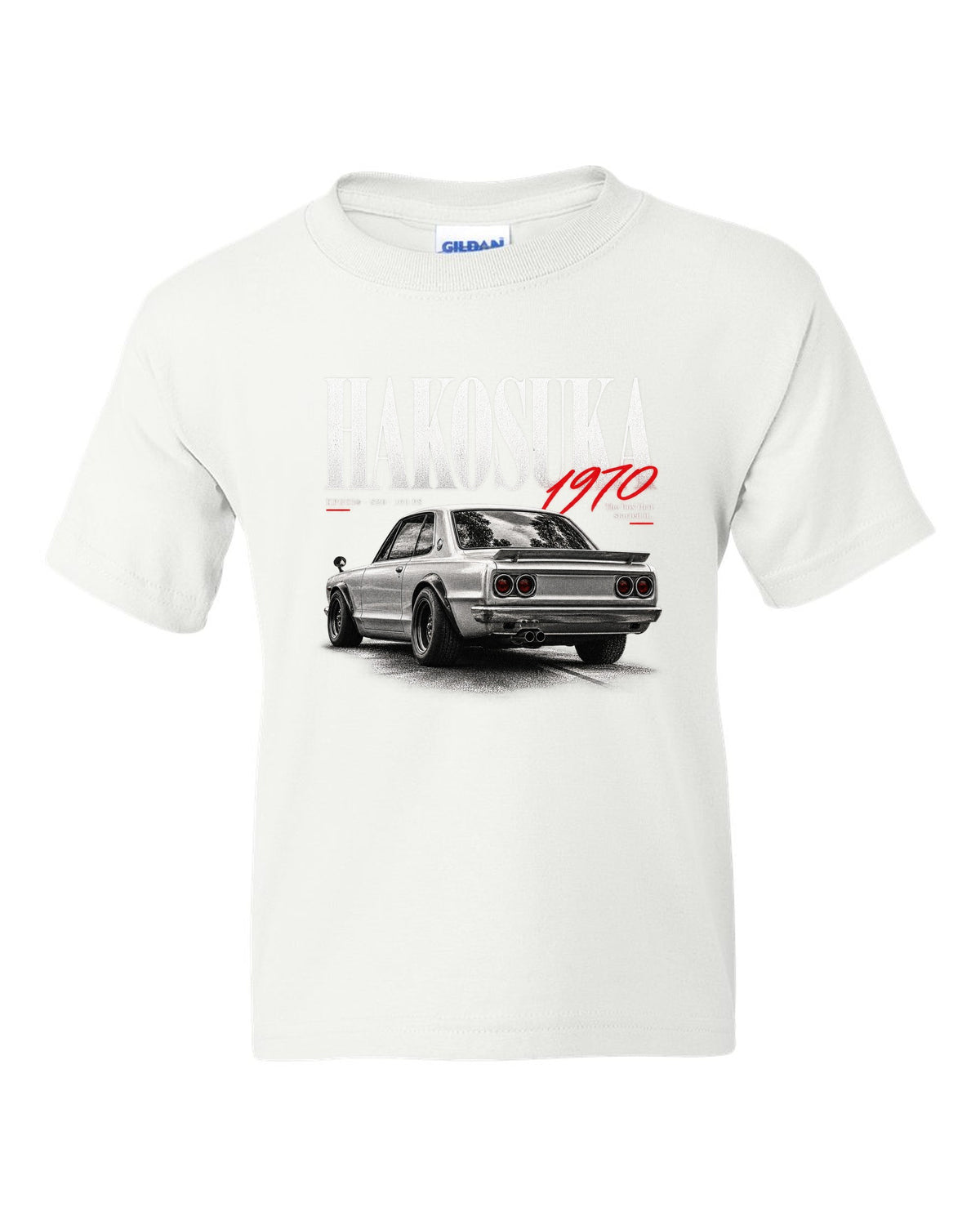 Editorial headline print of a Nissan Skyline 2000GT-R KPGC10 Hakosuka white kids tee front view with the design