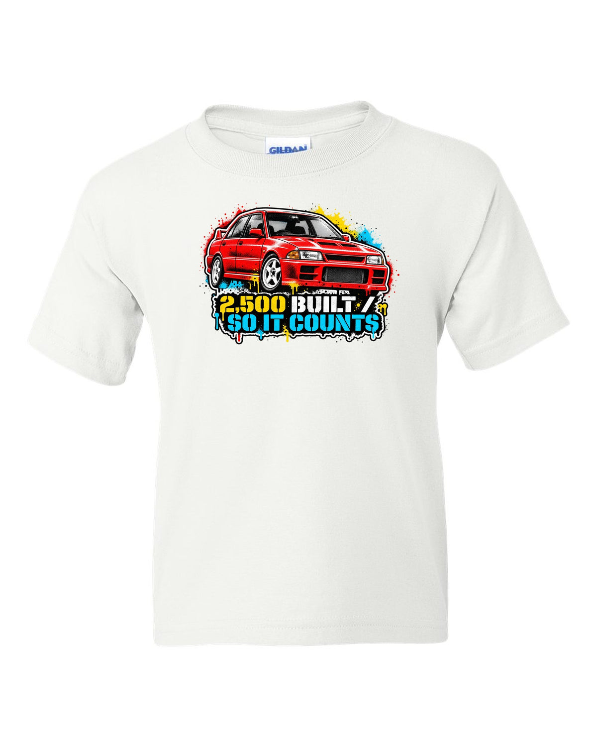 Mitsubishi Lancer Evolution I CD9A in stencil spray street art, 2,500 BUILT / SO IT COUNTS white kids tee front view with the design