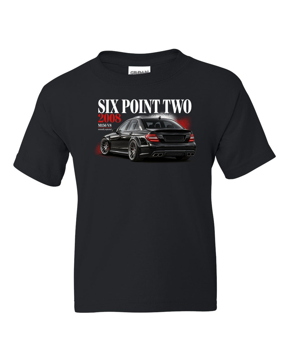 print editorial headline of a 2008 Mercedes C63 AMG W204 sedan with text Six Point Two 2008 black kids tee front view with the design