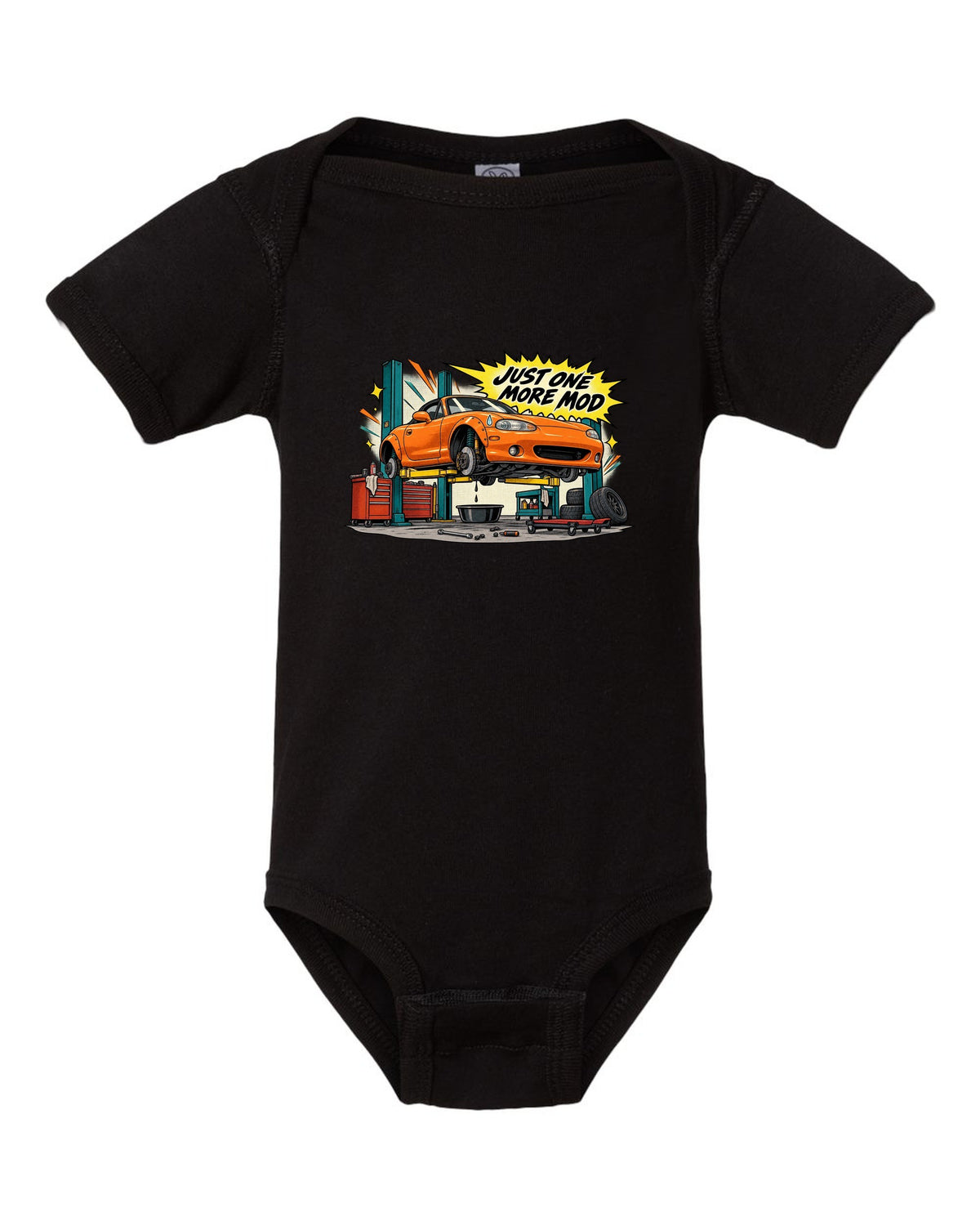 Retro manga halftone panel print of a Mazda MX-5 NB in a workshop with the text Just One More Mod black baby onesie front view with the design