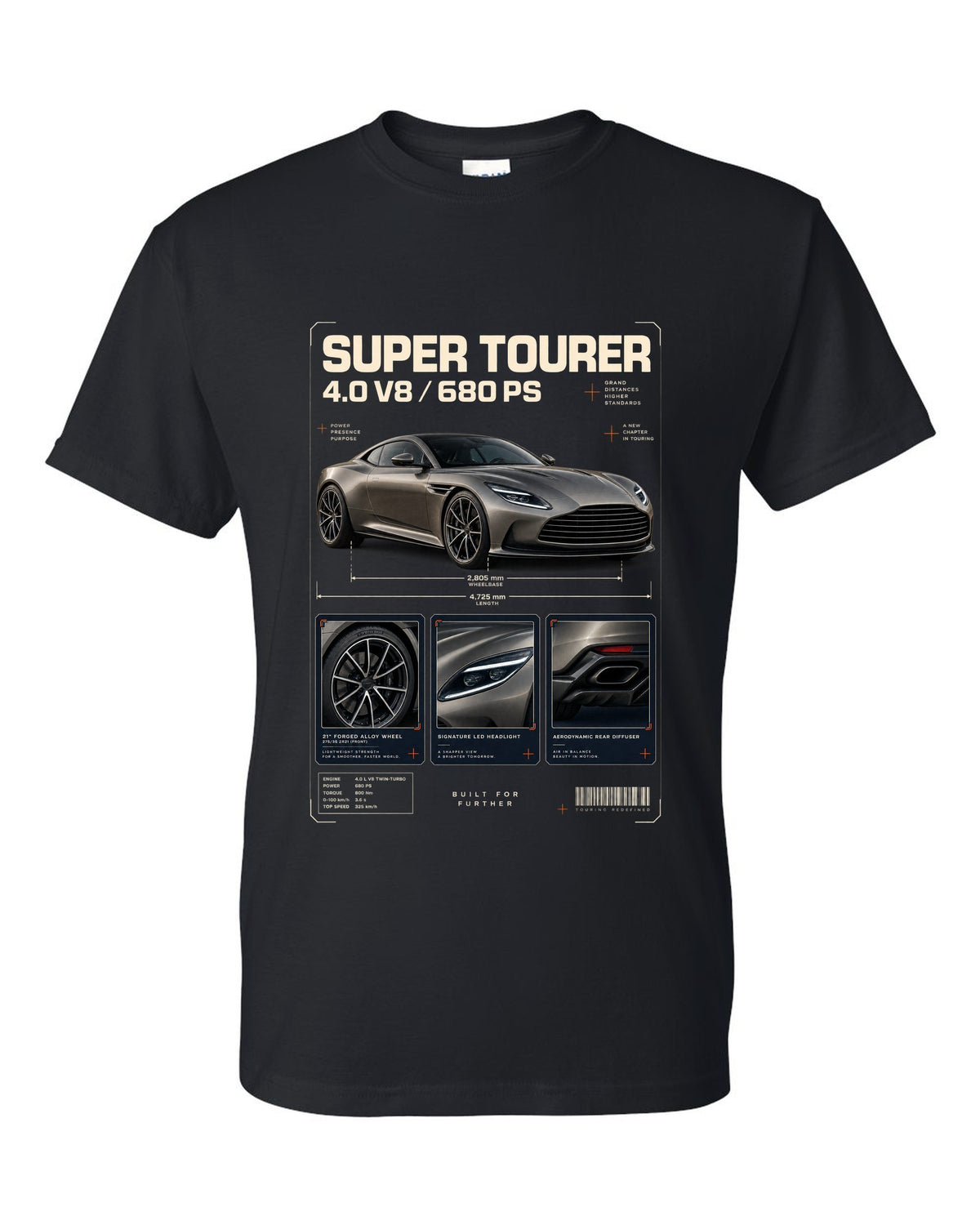 Aston Martin DB12 2023 dossier panels print with super tourer 4.0 V8 680 PS text black t-shirt front view with the design