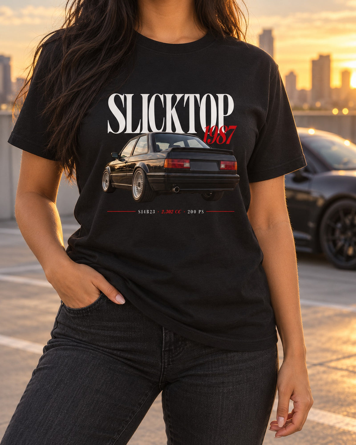 BMW E30 M3 Slicktop 1987 Editorial Headline Shirt, S14 Car Tee T-Shirt Black worn hero