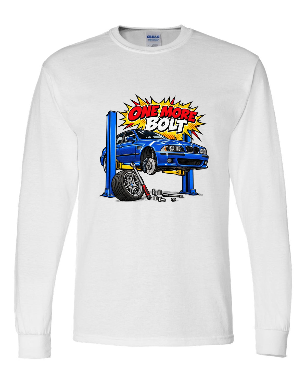 Ukiyo-e woodblock wave print of a BMW M5 E39 with S62 4.9 V8 text white long sleeve front view with the design