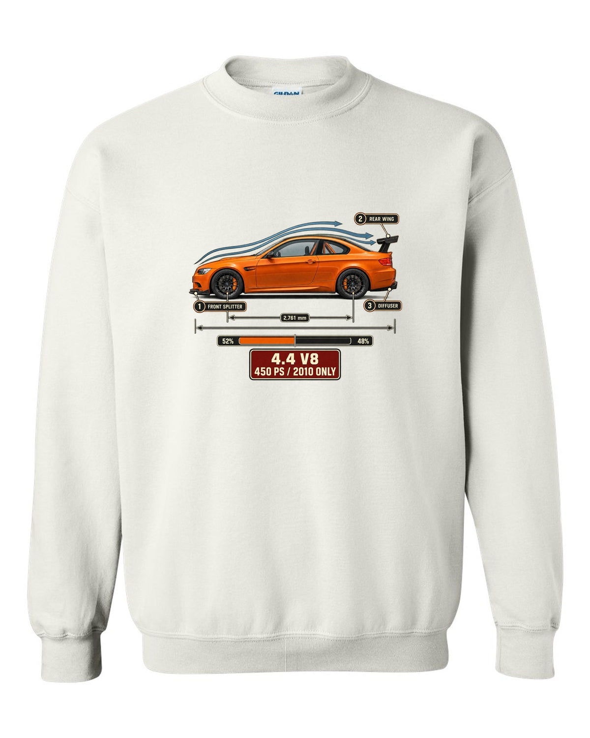 BMW M3 E92 GTS coupe aero callouts print white crewneck front view with the design