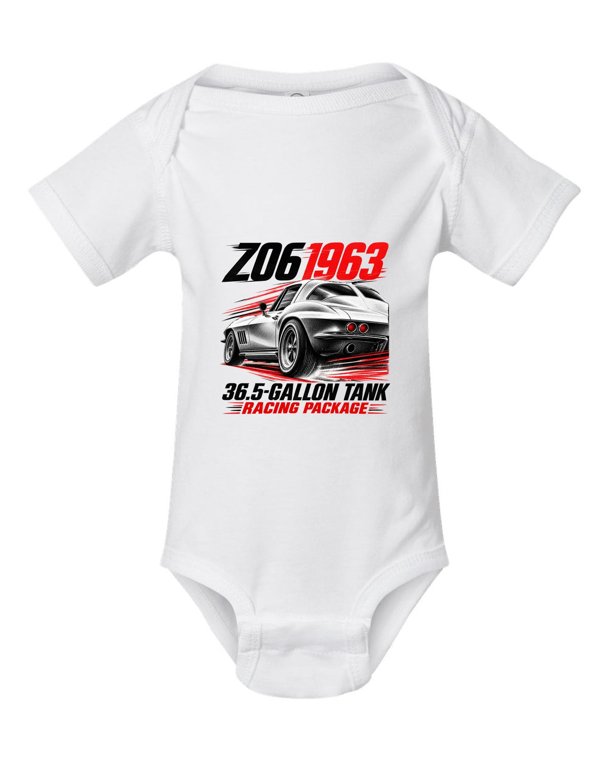 Corvette C2 Sting Ray 1963 Z06 racing package race poster white baby onesie front view with the design