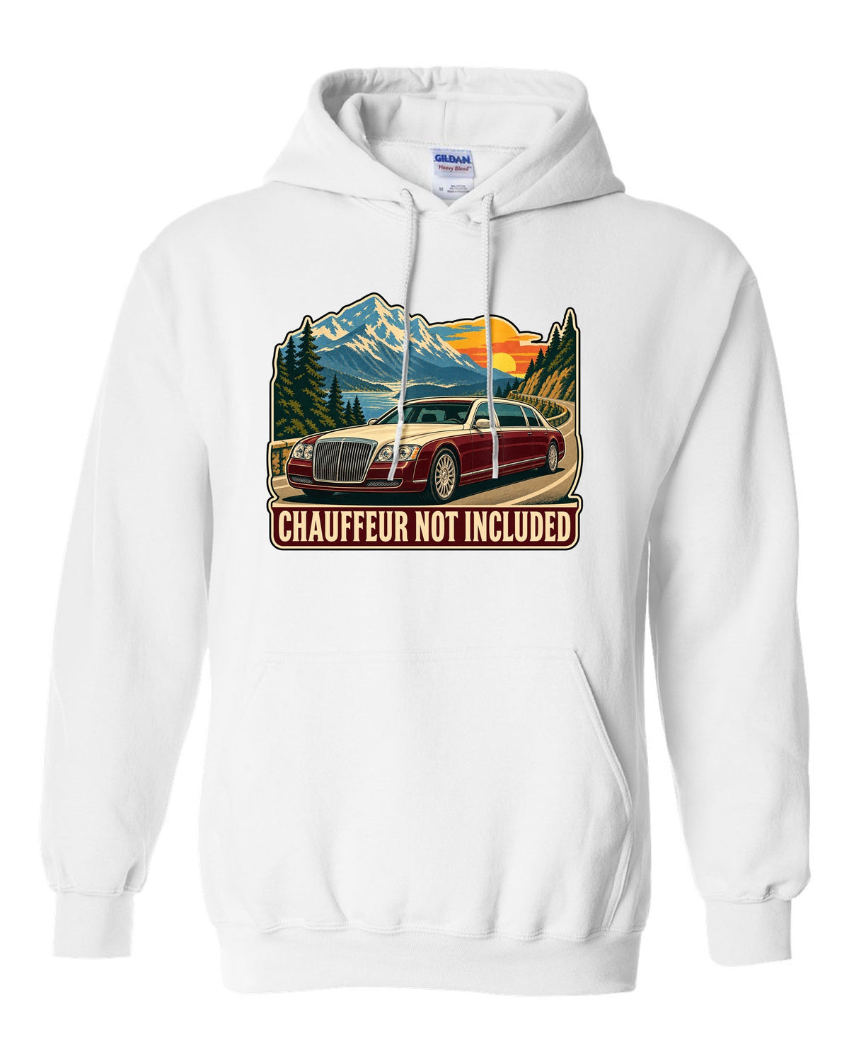 1960s litho travel poster of a Maybach 57 W240 with Chauffeur Not Included text white pull over hoodie front view with the design