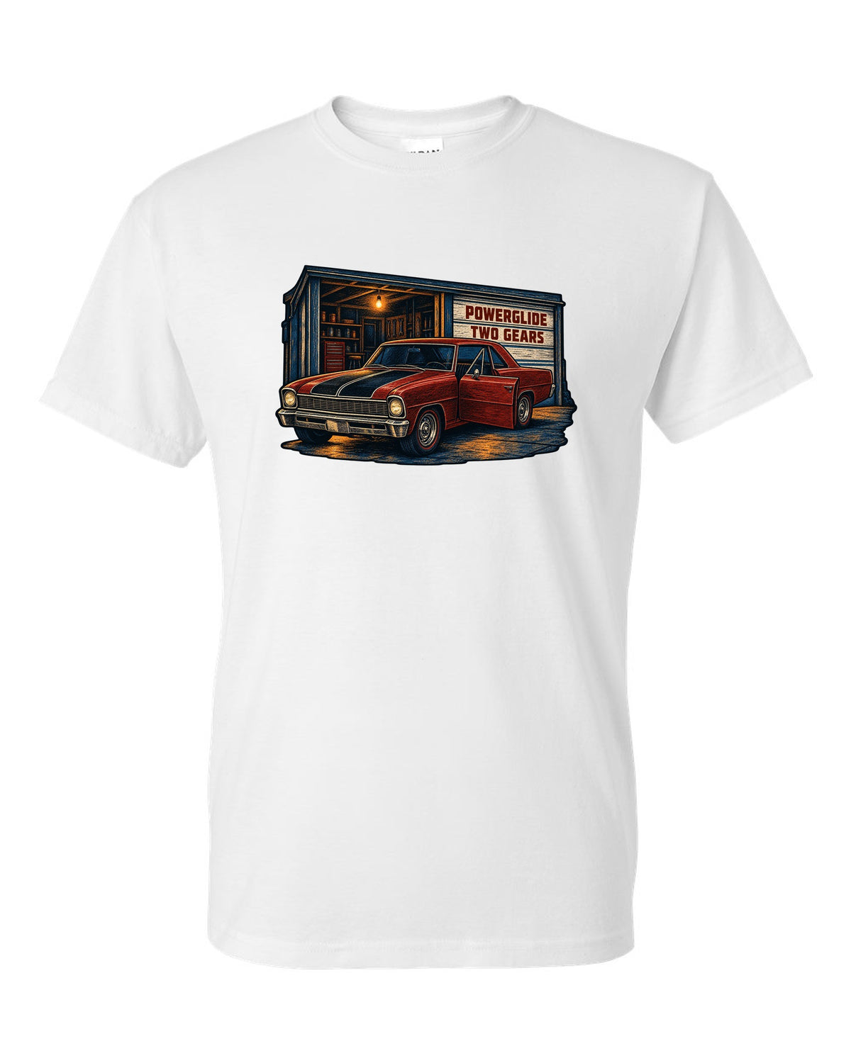 Linocut print of a 1967 Chevrolet Nova Chevy II parked in a garage with Powerglide lettering white t-shirt front view with the design