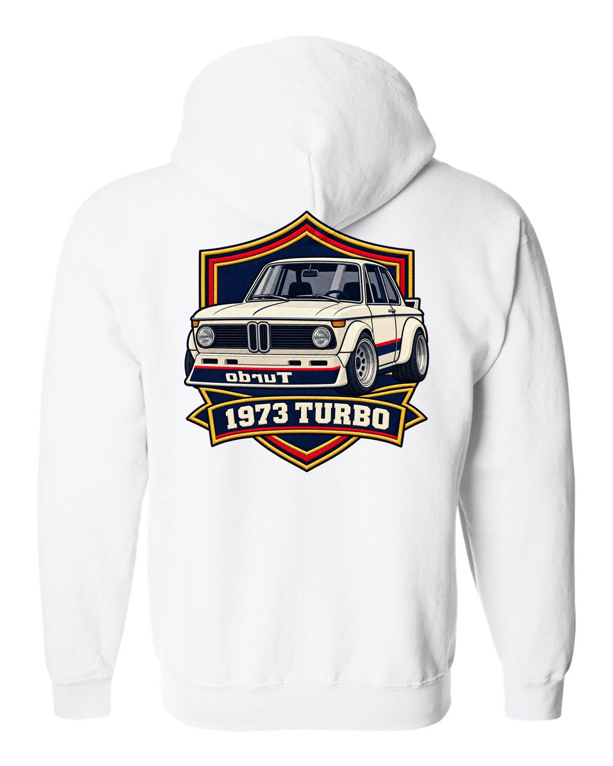 BMW 2002 turbo varsity crest print with mirrored turbo lettering and 1973 white zip hoodie back view with the design
