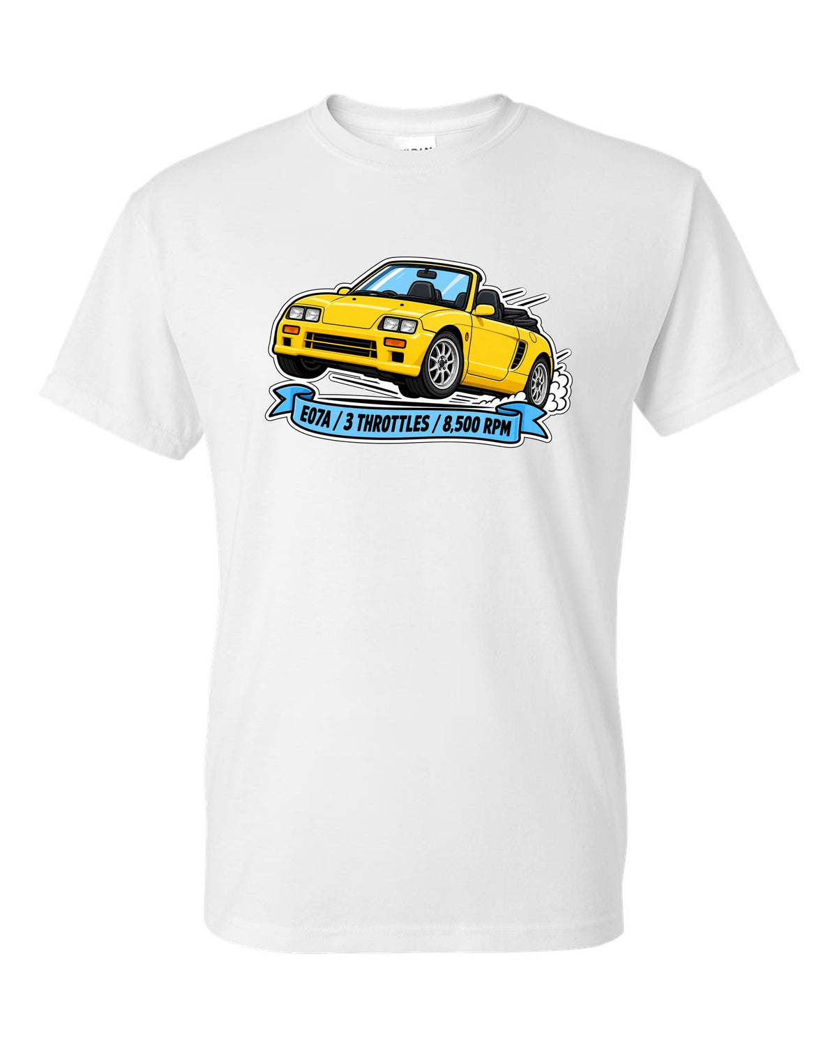 Sticker-style illustration of a Honda Beat PP1 with E07A engine and 8,500 rpm lettering white t-shirt front view with the design