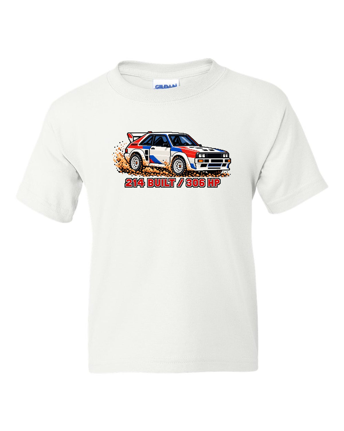 16-bit pixel art print of an Audi Sport Quattro SWB with 214 Built text white kids tee front view with the design