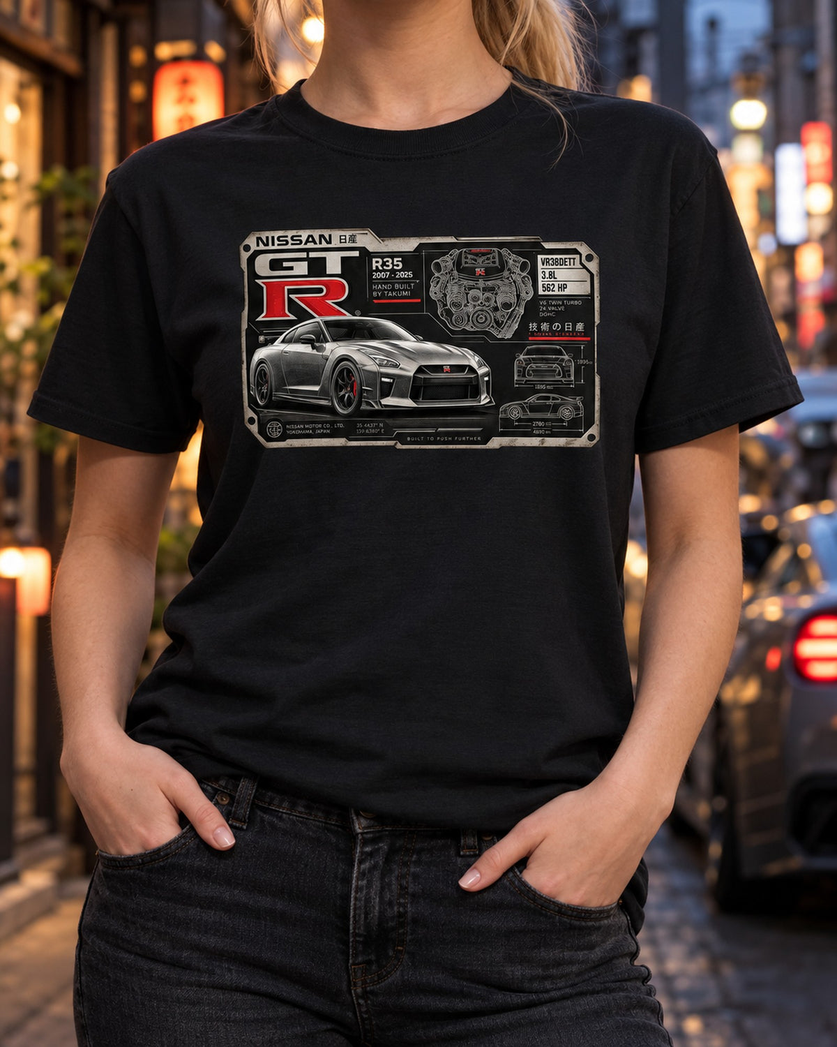 Nissan GT-R R35 VR38DETT Spec Plate print Shirt T-Shirt Black worn hero