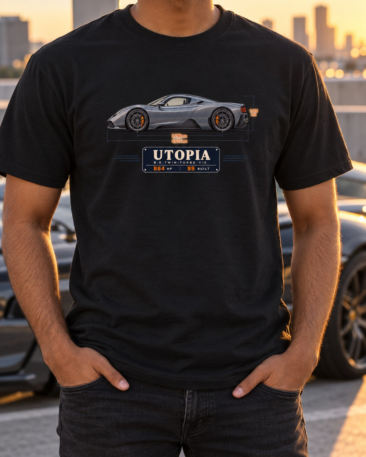 Pagani Utopia Blueprint Shirt, V12 Hypercar Car Guy Gift T-Shirt Black worn hero