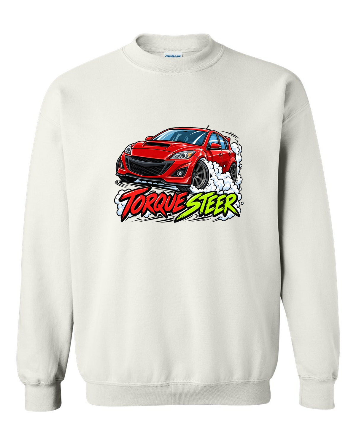 Double-exposure vector design of the Mazdaspeed Miata NB turbo with NB / 178 HP lettering white crewneck front view with the design