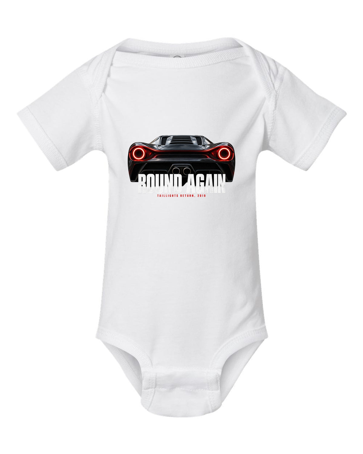 Macro print of Ferrari F8 Tributo round taillights with the text Round Again, Taillights Return, 2019 white baby onesie front view with the design