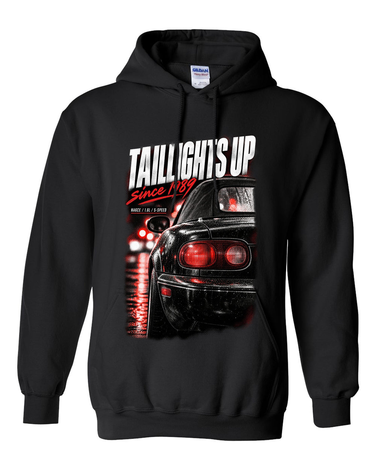 Taillight macro print for the Mazda MX-5 NA 1989-97 with NA6CE, 1.6L and 5-speed lettering black pull over hoodie front view with the design