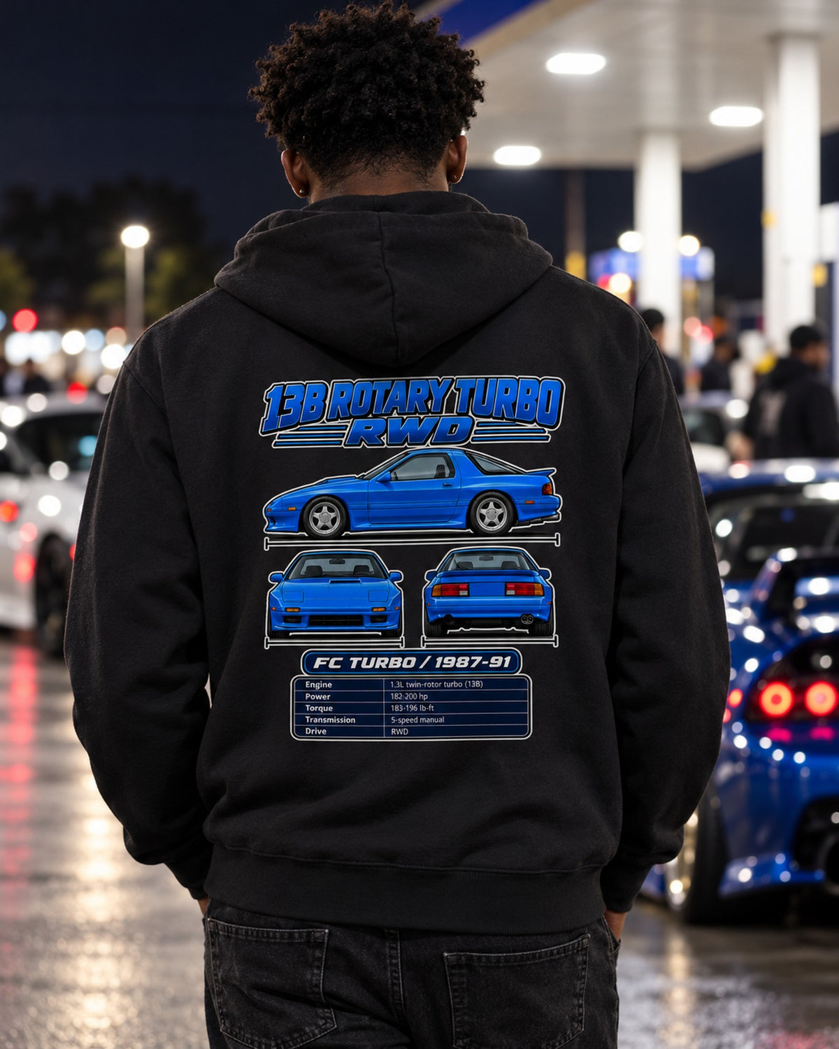 Mazda RX 7 FC Turbo Spec Sheet Full-Back Graphic Tee Zip Hoodie Black worn hero