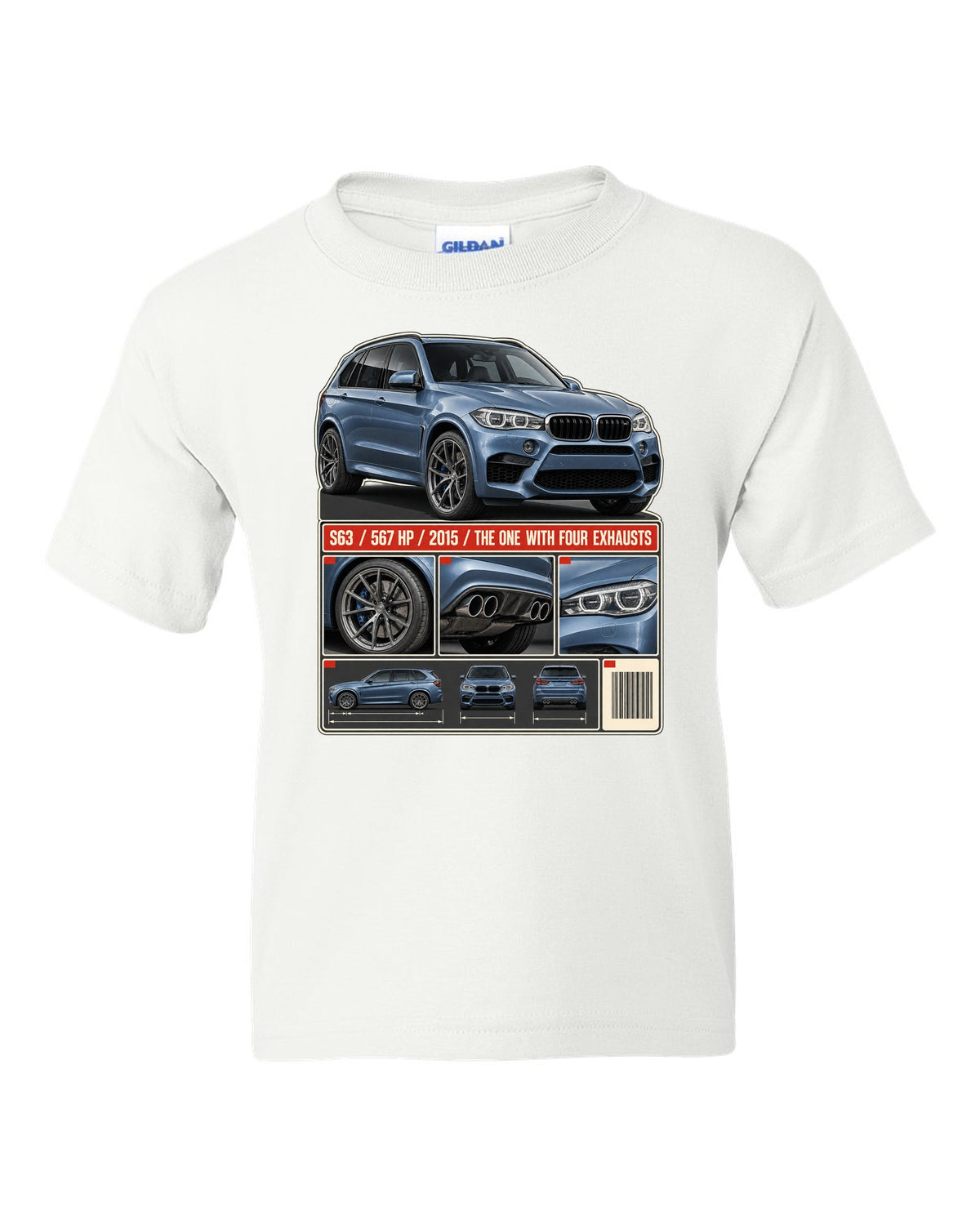 BMW X5 M F85 dossier panels print on a tee white kids tee front view with the design