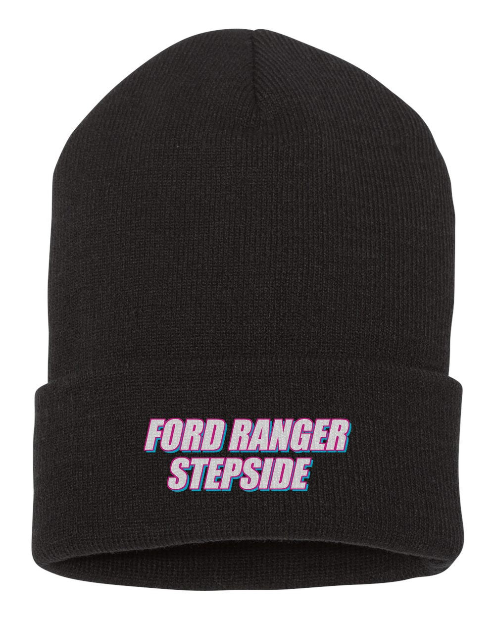Ford Ranger Stepside black beanie front view with car name