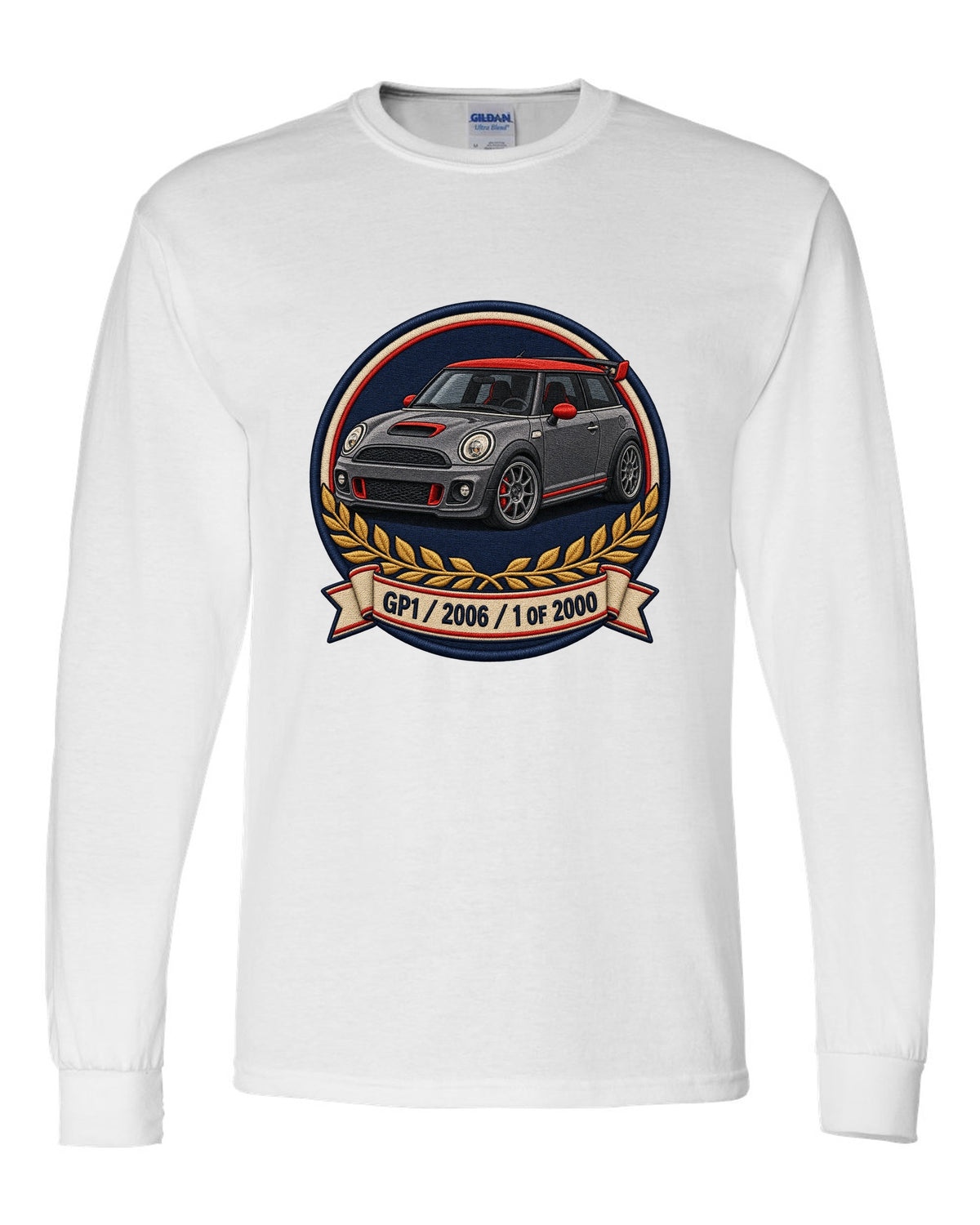 Varsity crest for the Mini Cooper GP1 2006, 1 of 2000 white long sleeve front view with the design