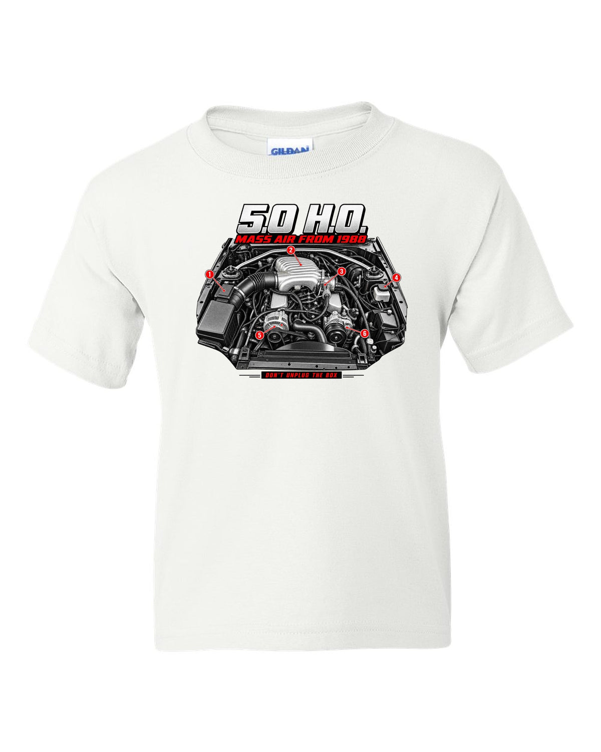 print of a 1989 Ford Mustang Fox Body 5.0 H.O. engine bay white kids tee front view with the design