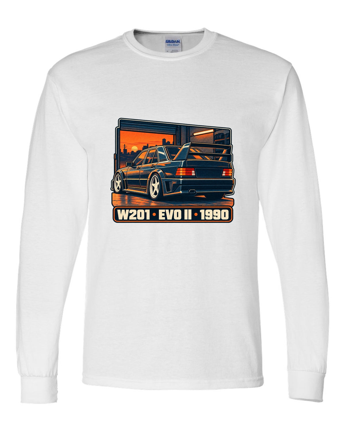 Risograph two-colour halftone print of a Mercedes-Benz 190E Evo II W201 in a garage at dusk white long sleeve front view with the design