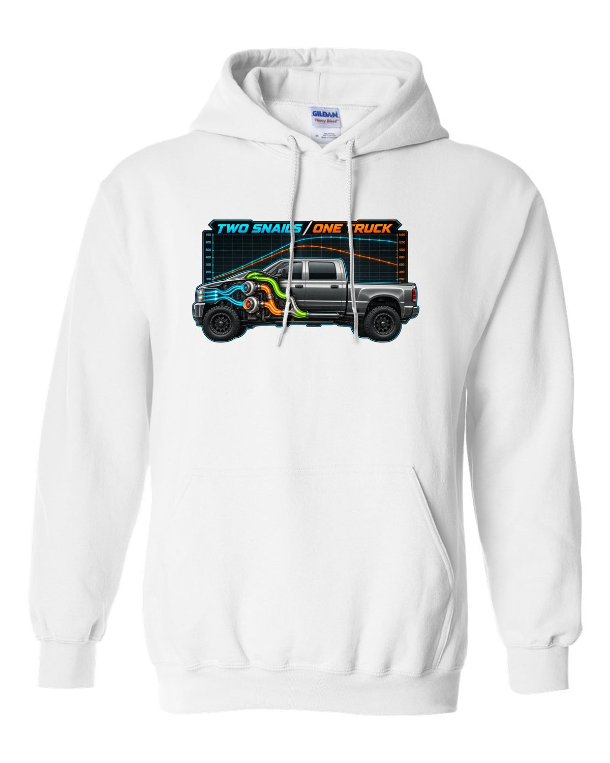 Dyno chart and gauge print of a 2003-2009 Dodge Ram 2500 Cummins compound turbo with two snails one truck text white pull over hoodie front view with the design