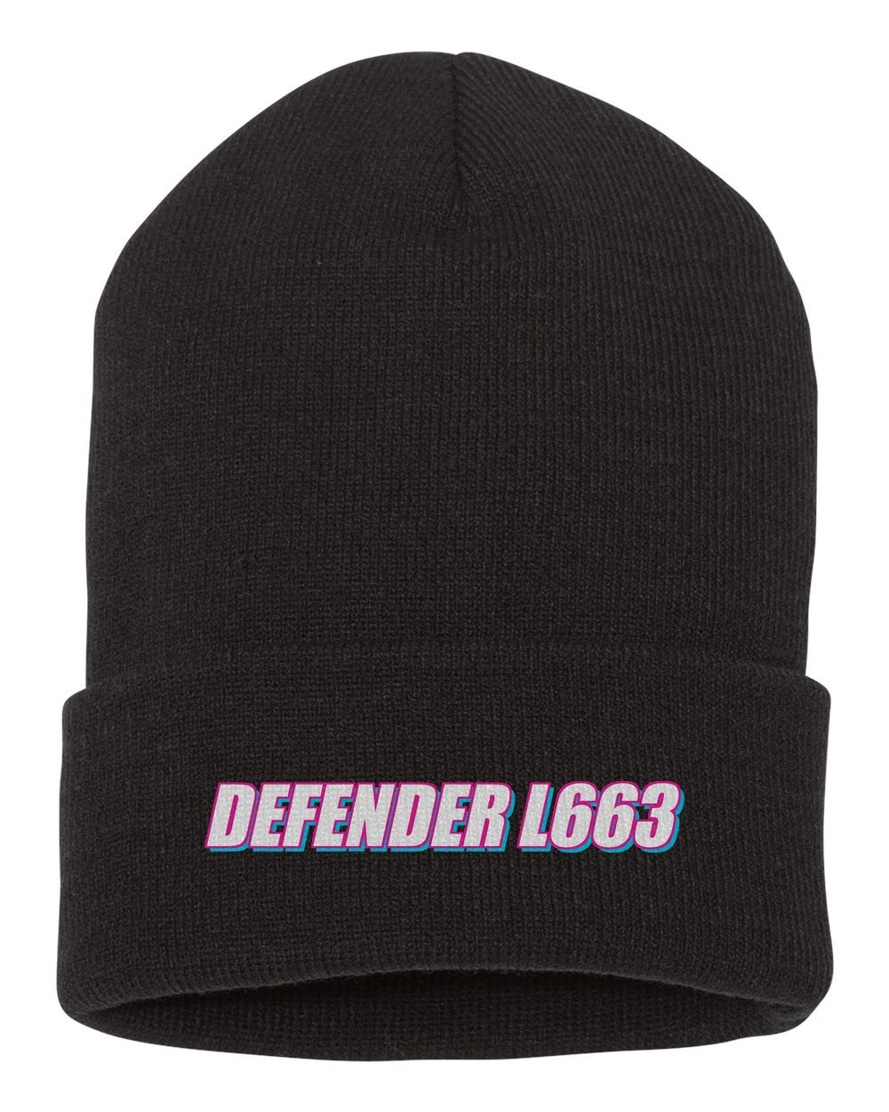 Defender L663 black beanie front view with car name