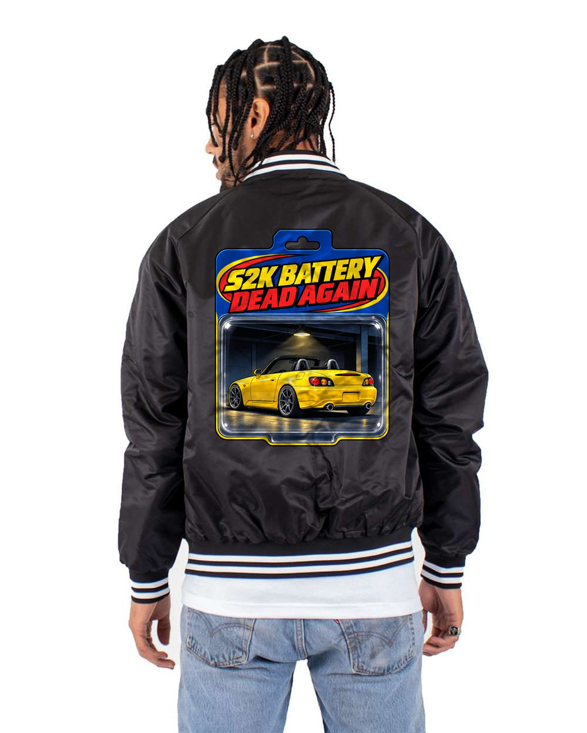 Honda S2000 AP2 Toy Blister Card Shirt, Battery Dead Again Bomber Jacket Black back
