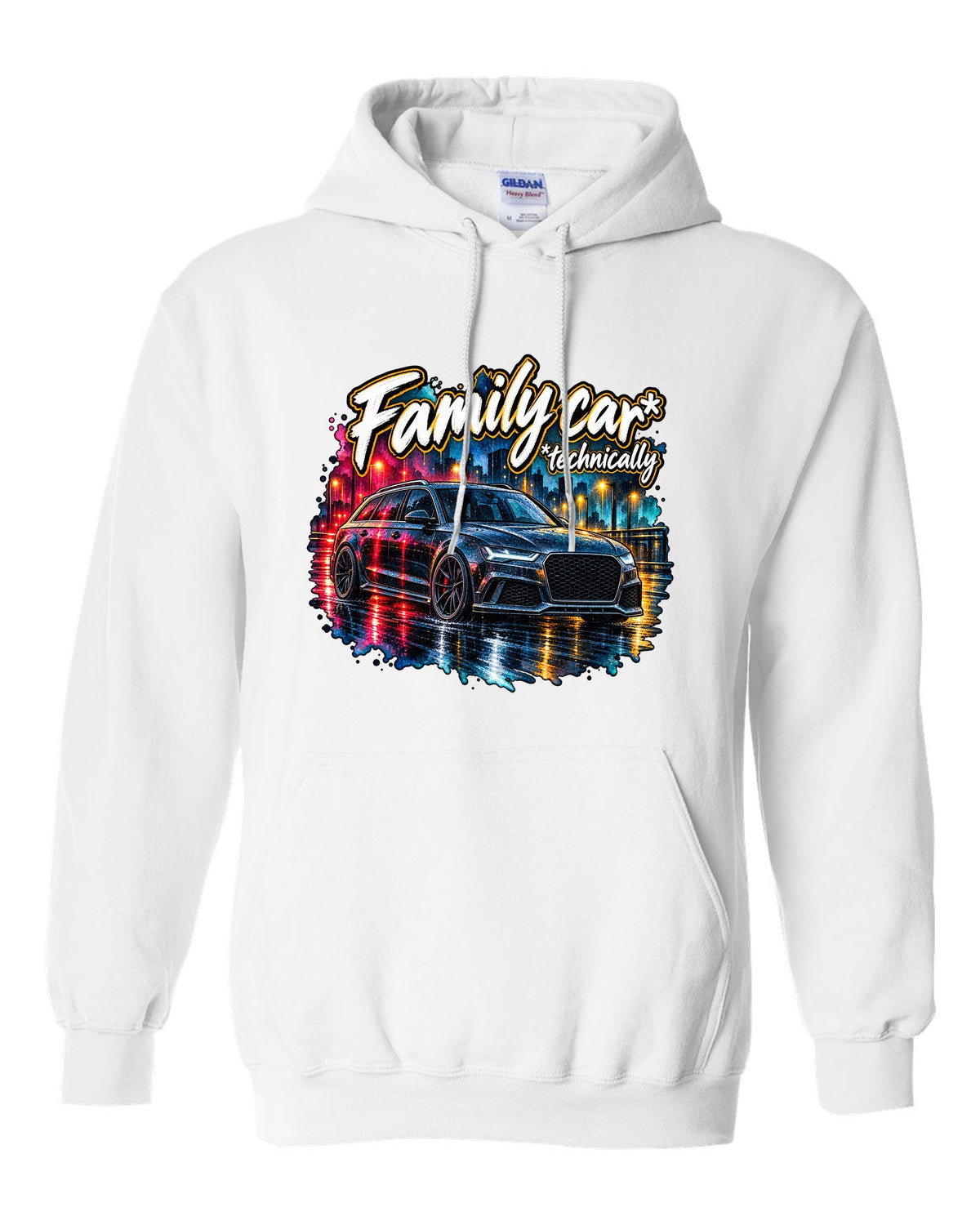 Watercolour wet-road night design of the Audi RS6 Avant C7 4G with family car technically lettering white pull over hoodie front view with the design