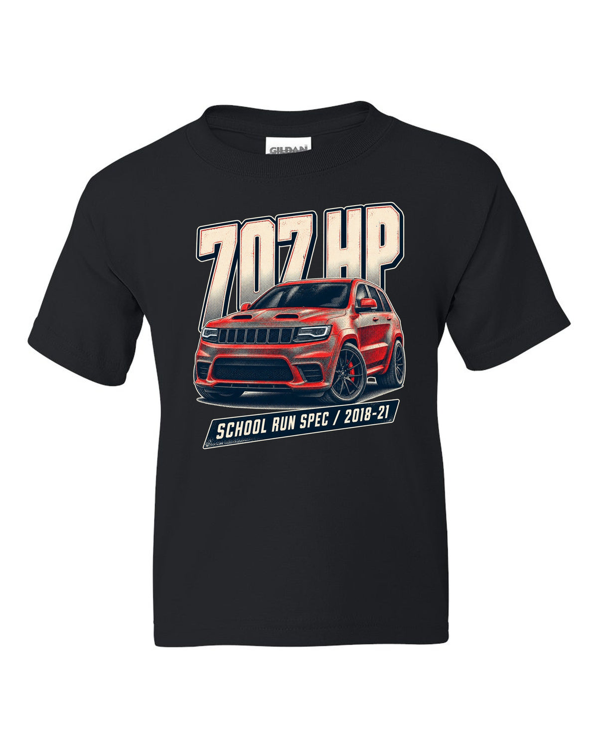 Halftone print of the Jeep Grand Cherokee Trackhawk WK2 with 707 HP lettering black kids tee front view with the design