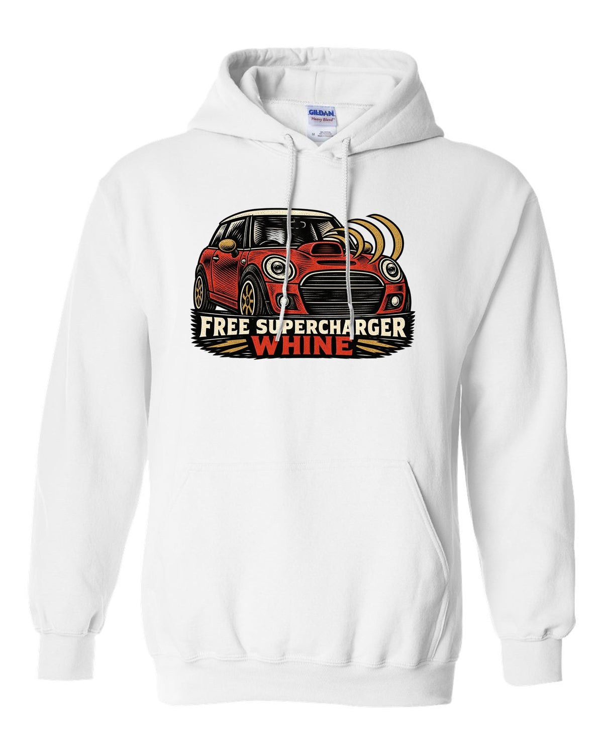 Linocut woodcut print of a Mini Cooper S R53 with the words free supercharger whine white pull over hoodie front view with the design