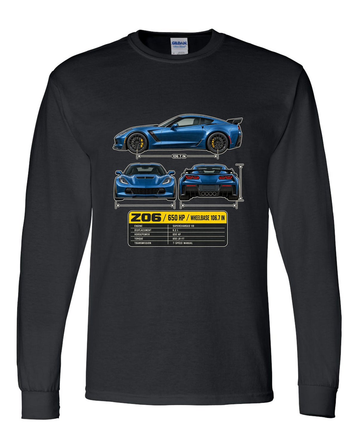 print of a Chevrolet Corvette C7 Z06 three-view drawing with a spec table black long sleeve front view with the design