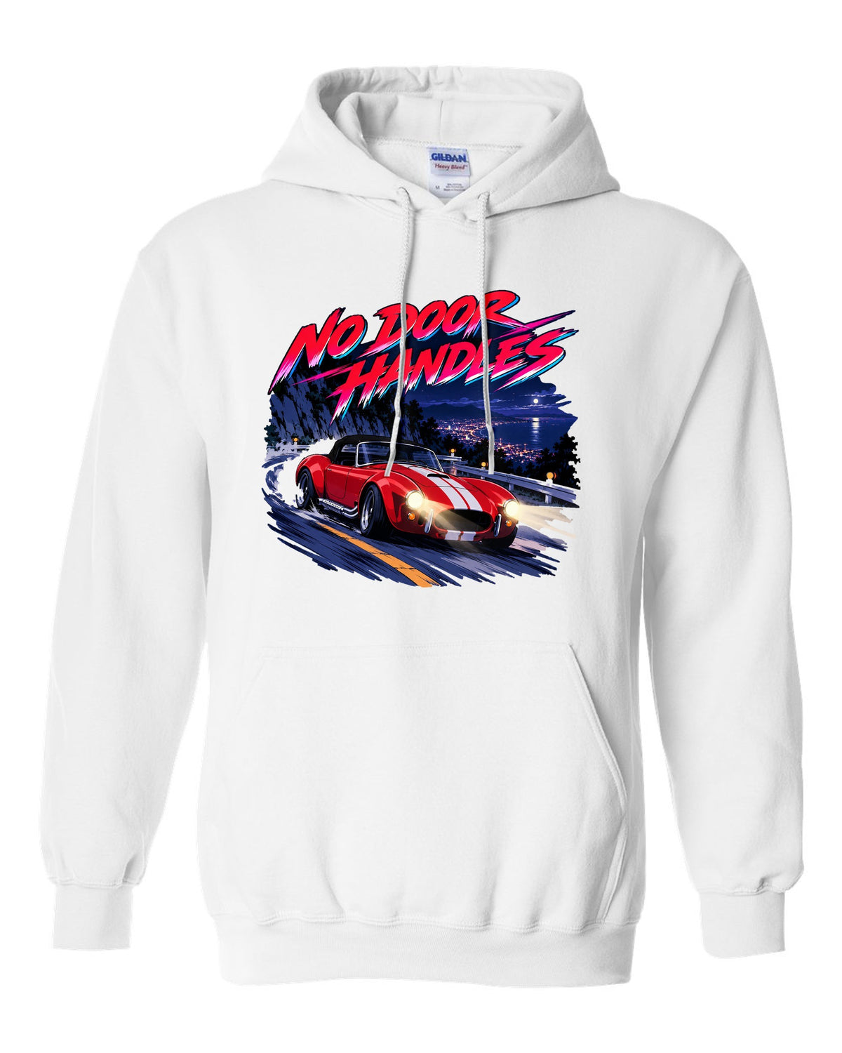 Cel-shaded anime night touge scene with a 1995 Dodge Viper RT/10 SR I and no door handles caption white pull over hoodie front view with the design