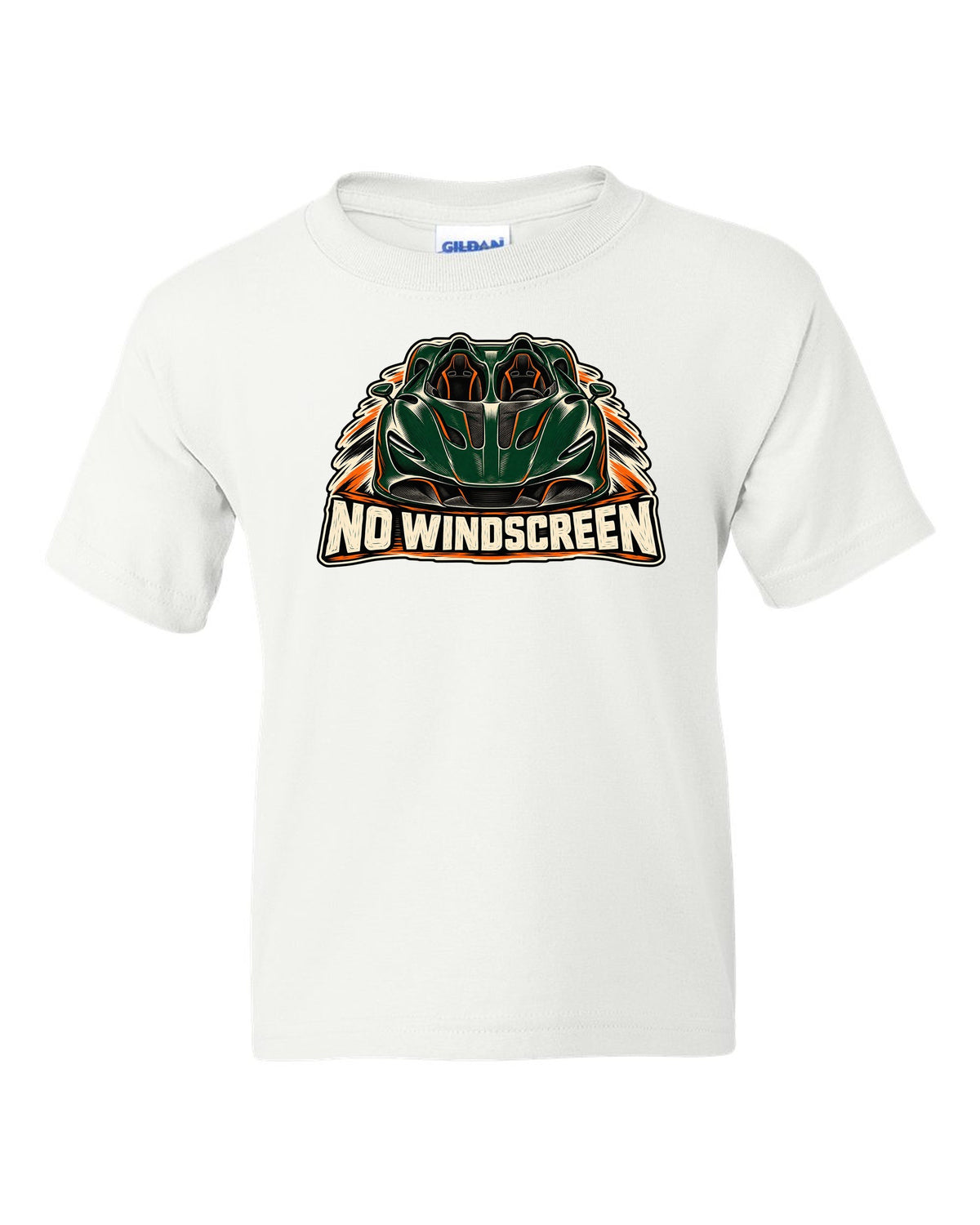 McLaren Elva linocut print with accent colour and NO WINDSCREEN lettering white kids tee front view with the design