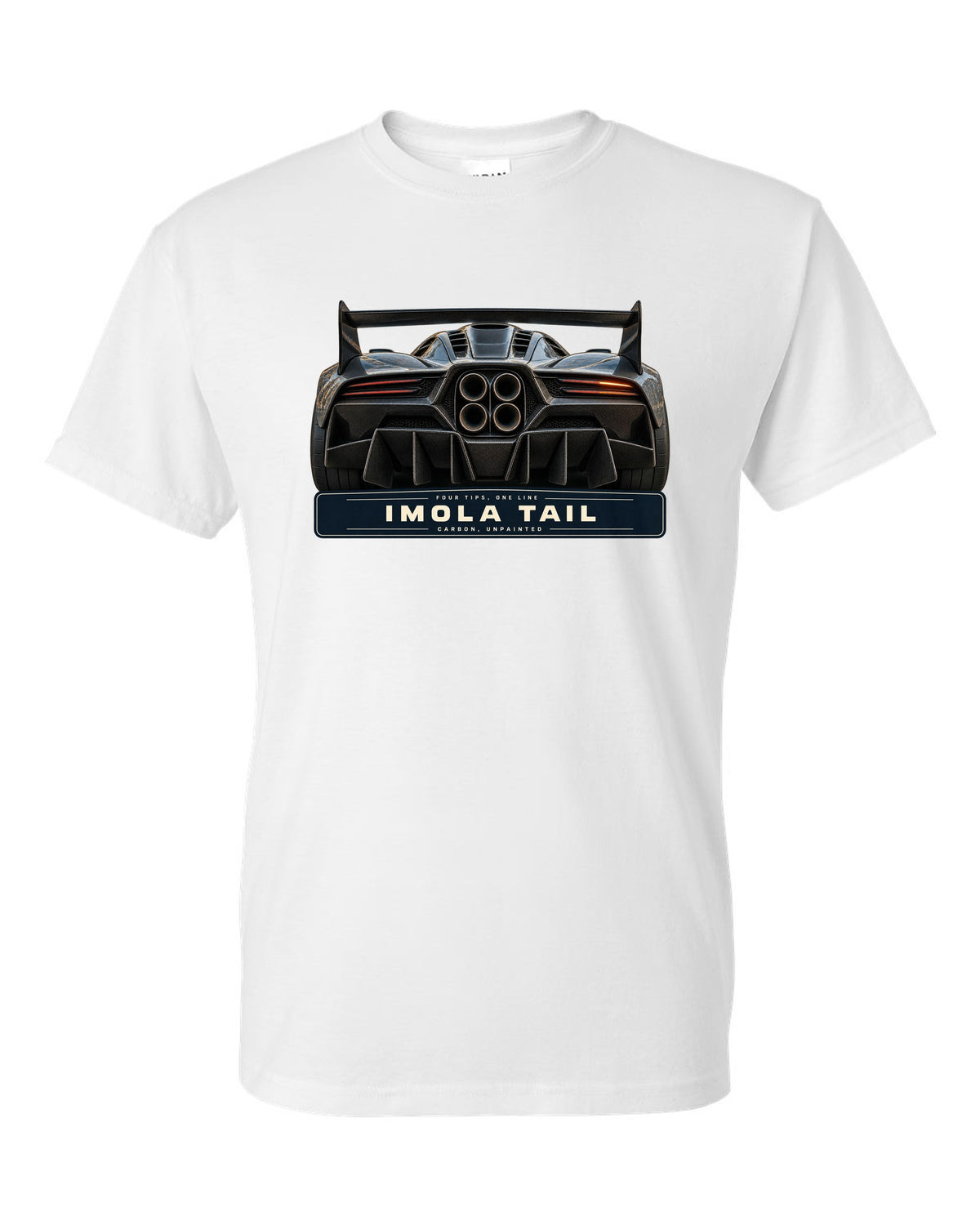Taillight macro print of the Pagani Huayra Imola with the text four tips, one line, Imola tail, carbon, unpainted white t-shirt front view with the design