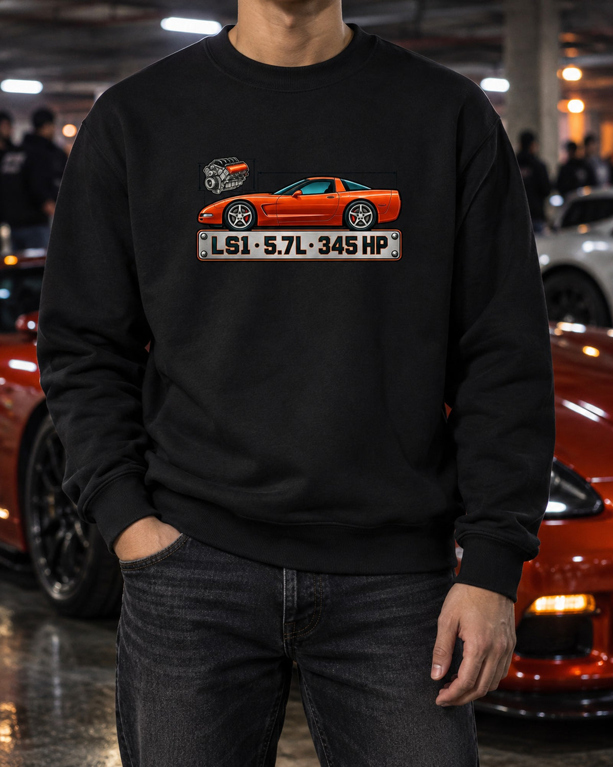 Chevrolet Corvette C5 LS1 Spec Plate Shirt, Car Guy Gift Crewneck Black worn hero