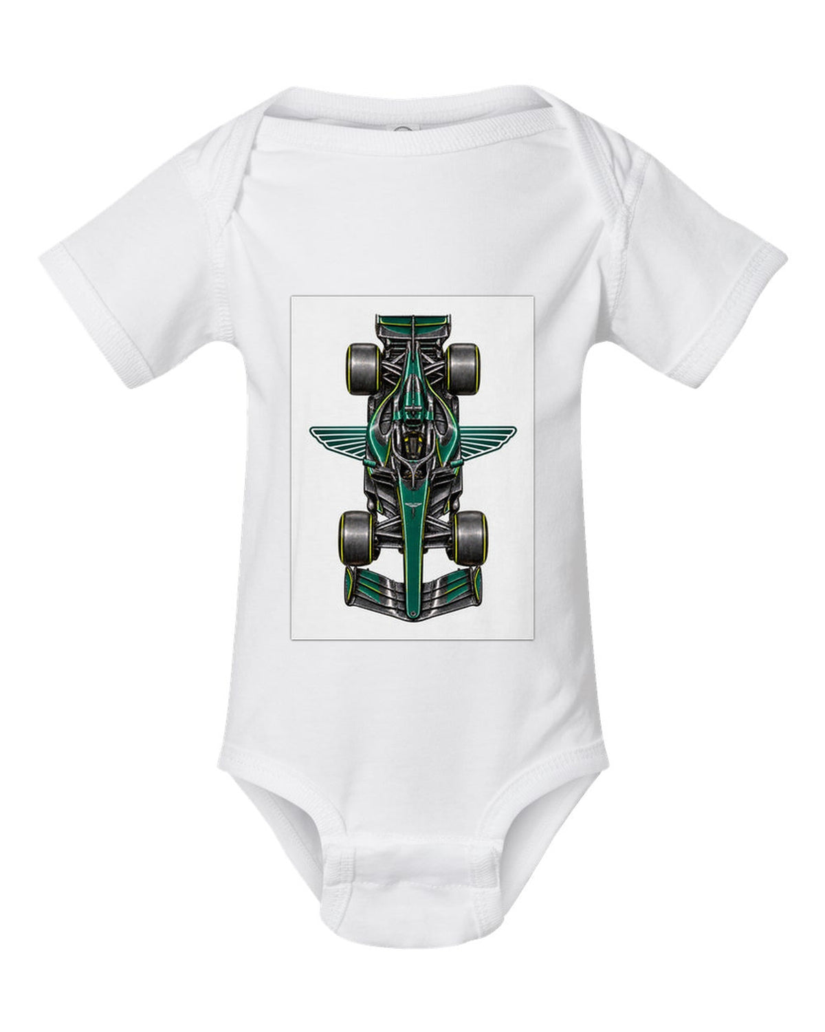 Aston Martin AMR26 Formula 1 overhead poster artwork white baby onesie front view with the design