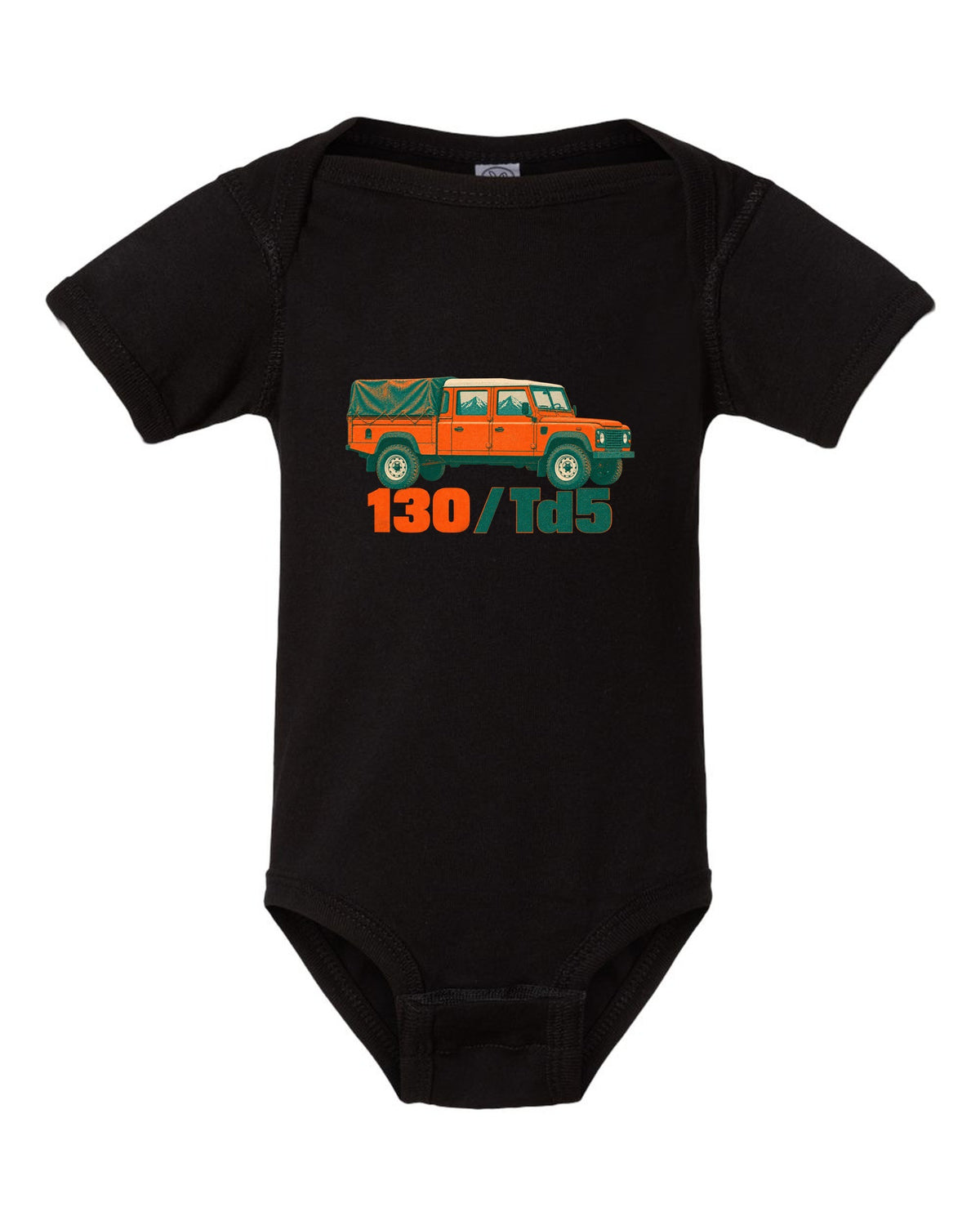 Risograph two-colour print of a Land Rover Defender 130 crew cab with 130 Td5 text black baby onesie front view with the design