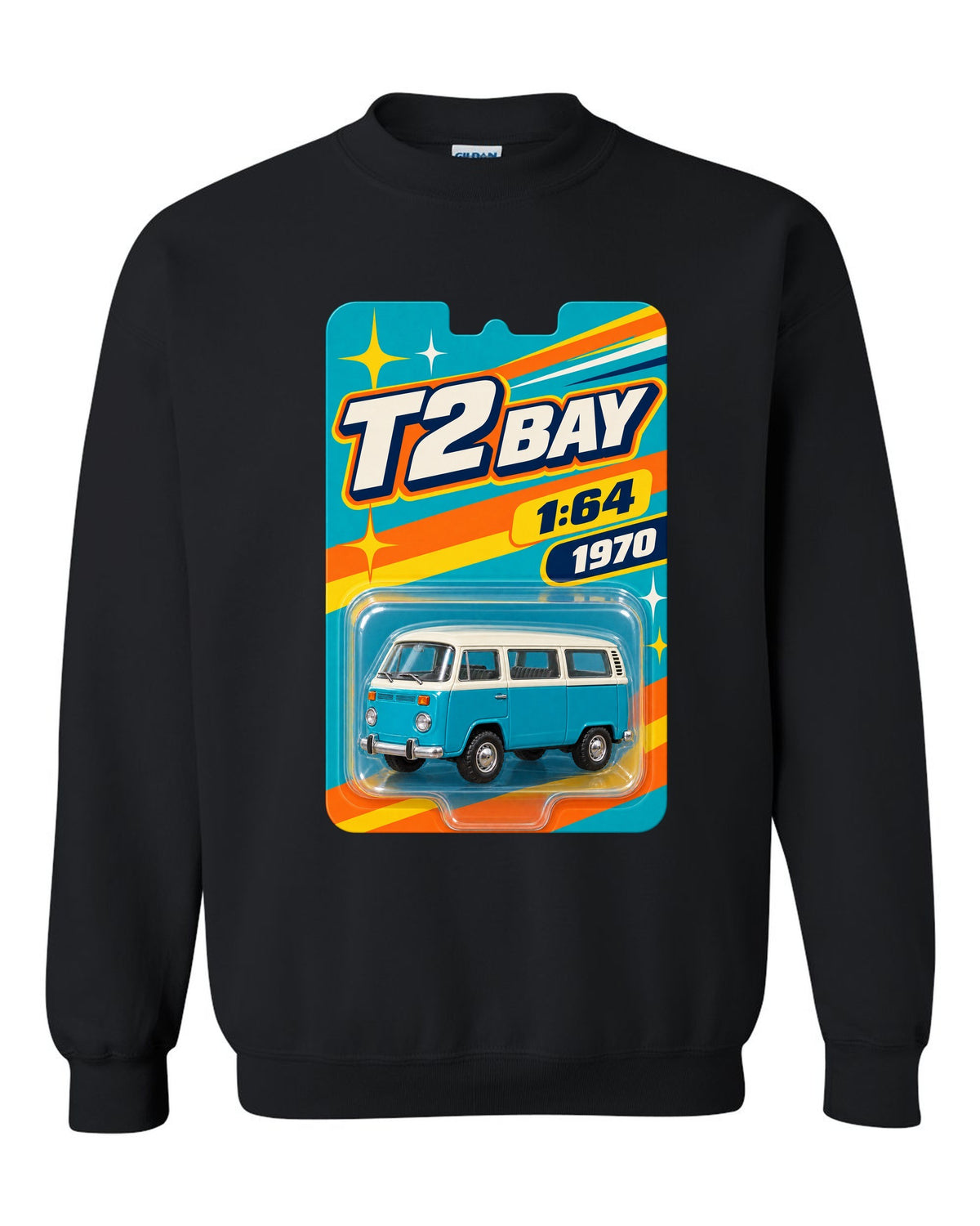 Toy-card blister pack style print of a 1970 VW Bus T2 bay window at 1:64 black crewneck front view with the design