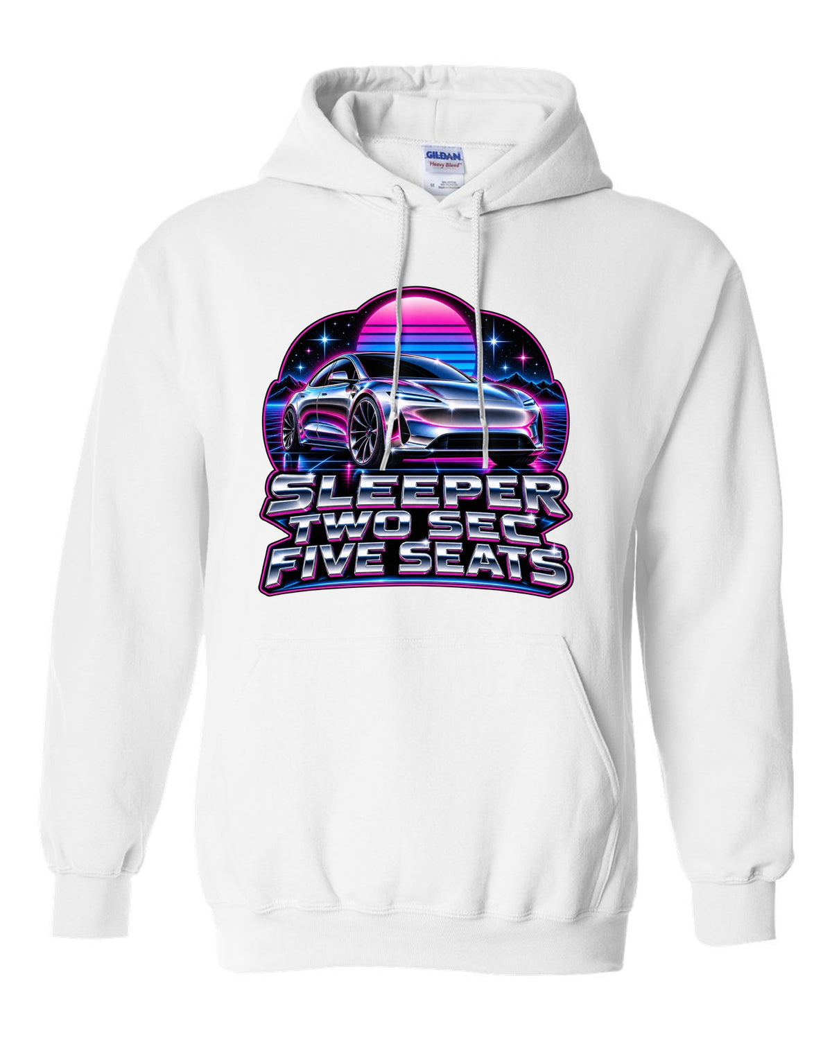 80s chrome airbrush art of a 2021 Tesla Model S Plaid with the words Sleeper Two Sec Five Seats white pull over hoodie front view with the design