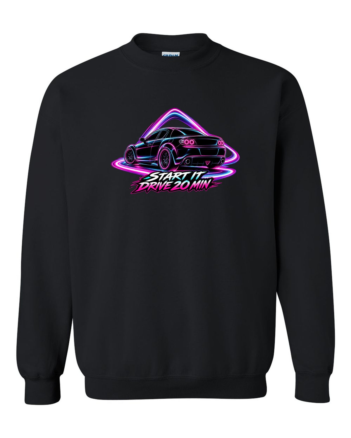 Neon outline light painting of a Mazda RX-8 SE3P with START IT / DRIVE 20 MIN lettering black crewneck front view with the design