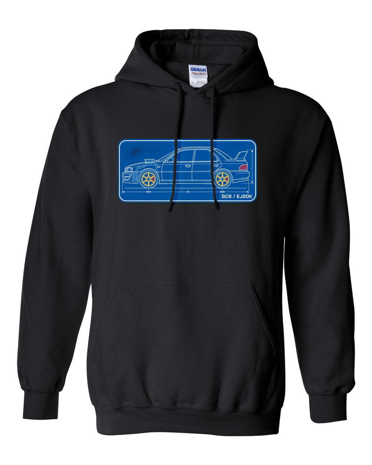 Cyanotype blueprint of a Subaru Impreza WRX GC8 hood scoop with EJ20K text black pull over hoodie front view with the design