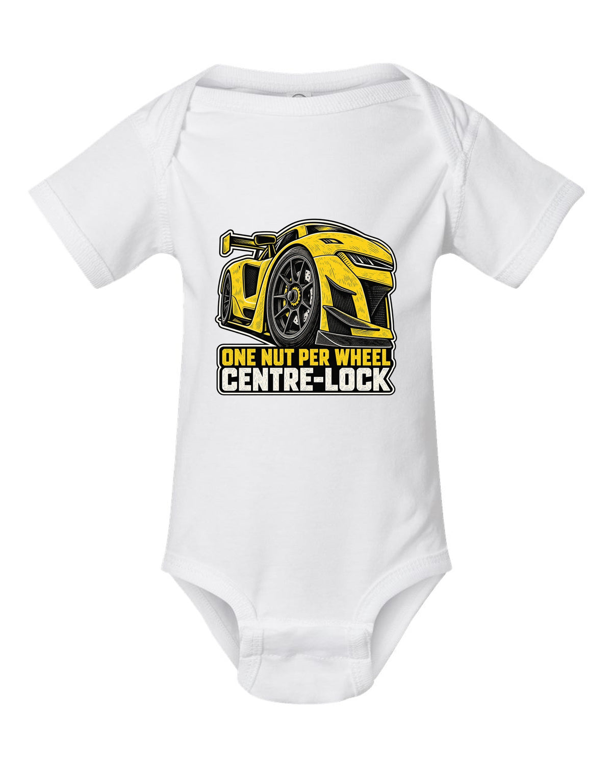 Risograph duotone design of a Corvette C8.R race car with large rear wing white baby onesie front view with the design