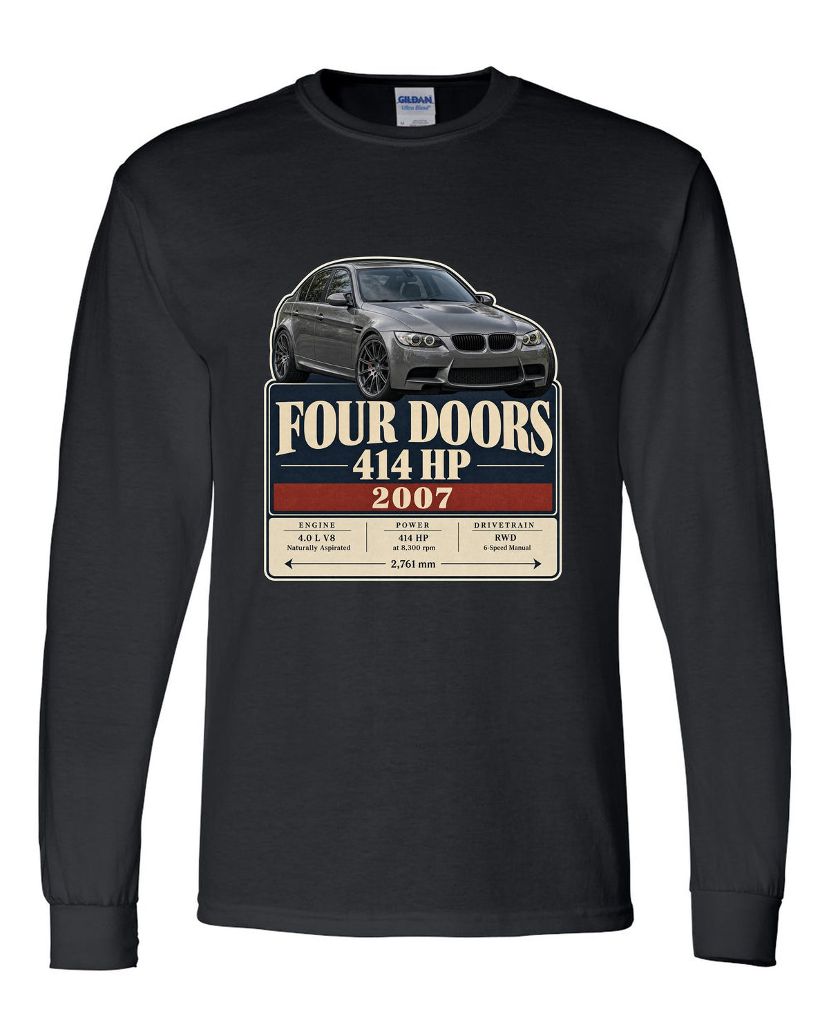 BMW M3 E90 saloon archive panel print black long sleeve front view with the design