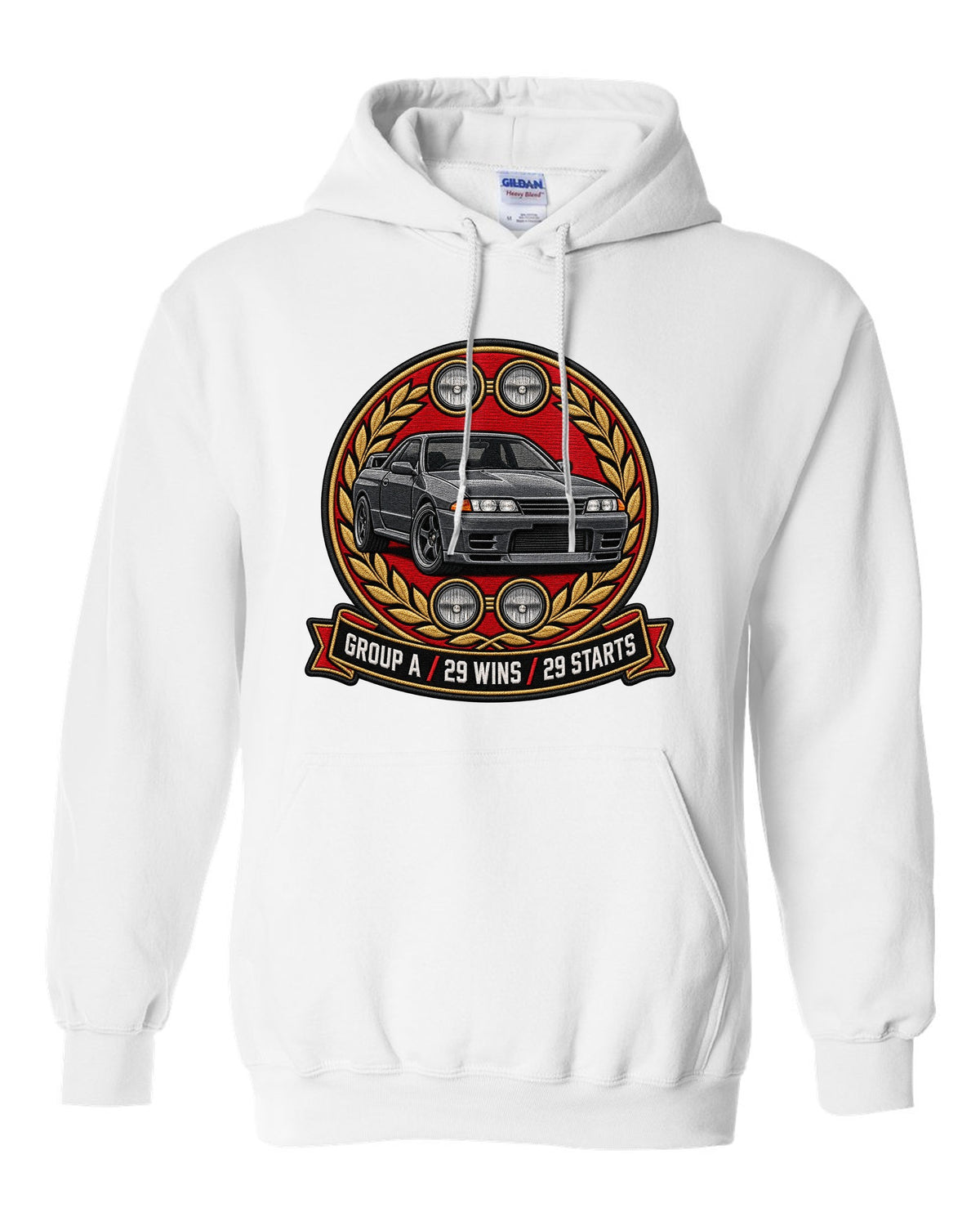 Embroidery-style round crest print for the Nissan Skyline GT-R R32 BNR32 with Group A 29 wins text white pull over hoodie front view with the design