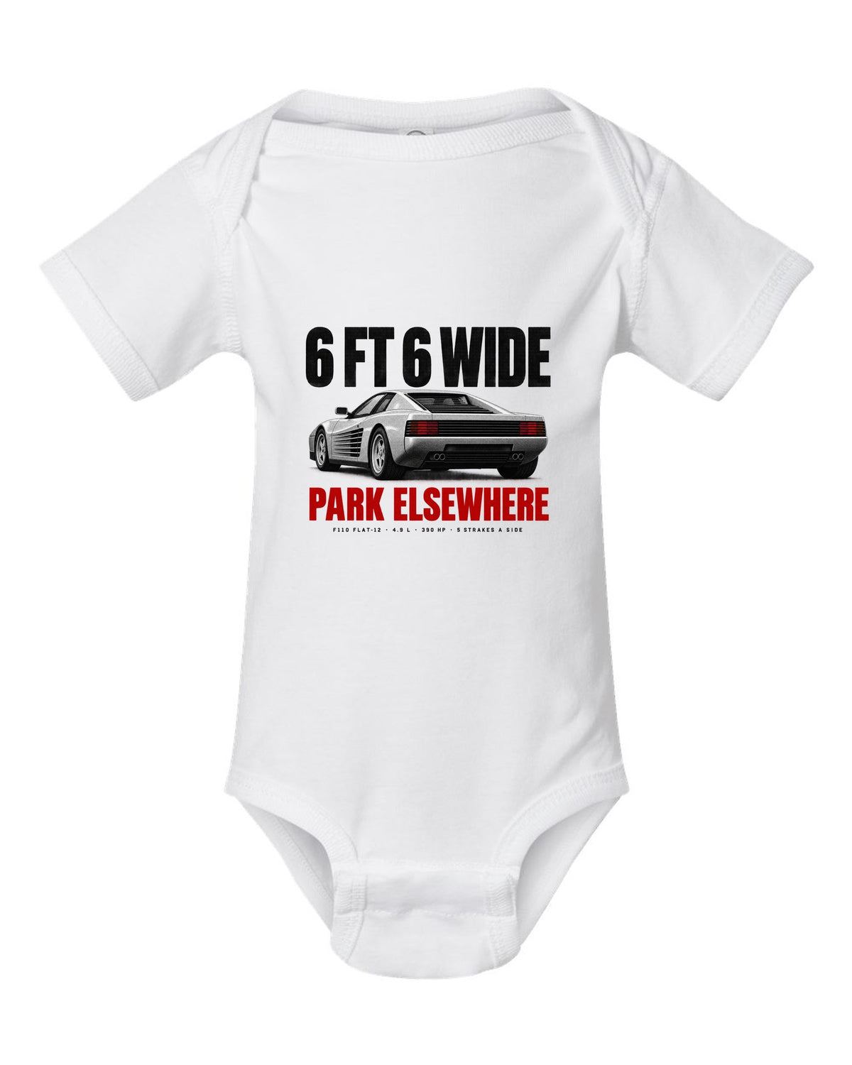 Ferrari Testarossa F110 1984 halftone print, 6 ft 6 wide, park elsewhere white baby onesie front view with the design