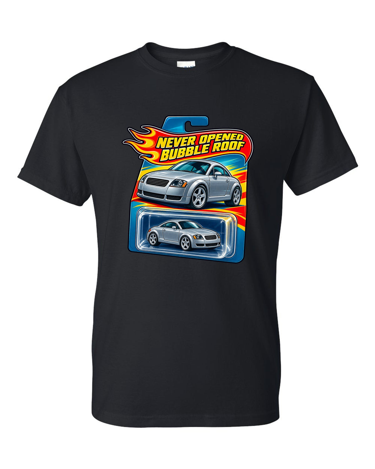 Toy blister card style print of an Audi TT 8N with Never Opened text black t-shirt front view with the design