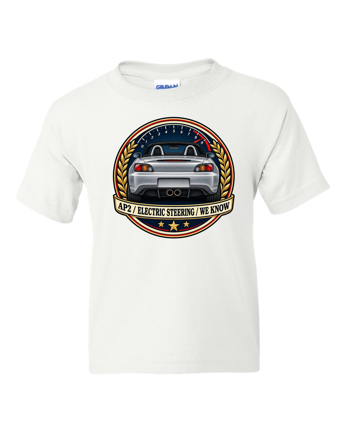 Crest layout print for the Honda S2000 AP2 with electric steering joke text white kids tee front view with the design